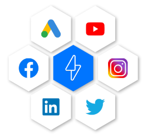 Paid acquisition honeycomb: Google Ads, YouTube, Facebook, Instagram, LinkedIn, X and a central lightning bolt